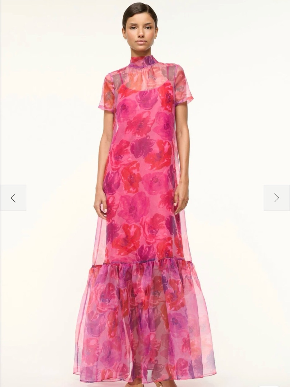 STAUD Pink Floral Tiered Maxi Dress with Red Accents